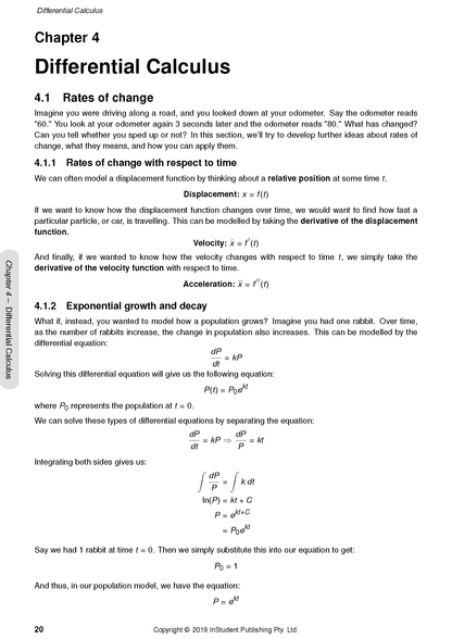White page from Mathematics Extension 1 course notes by ATAR Notes, detailing Chapter 4 Differential Calculus with equations.