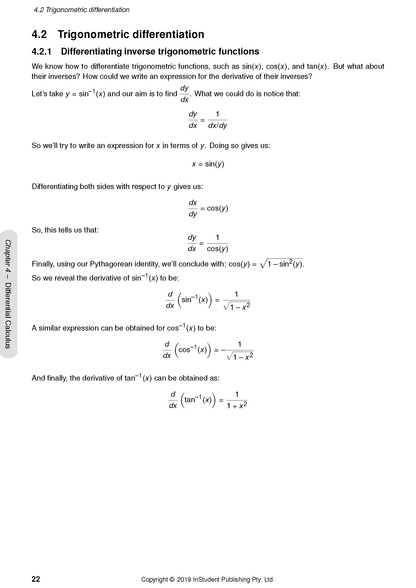 Course notes by ATAR Notes, a page detailing trigonometric differentiation formulas and examples.