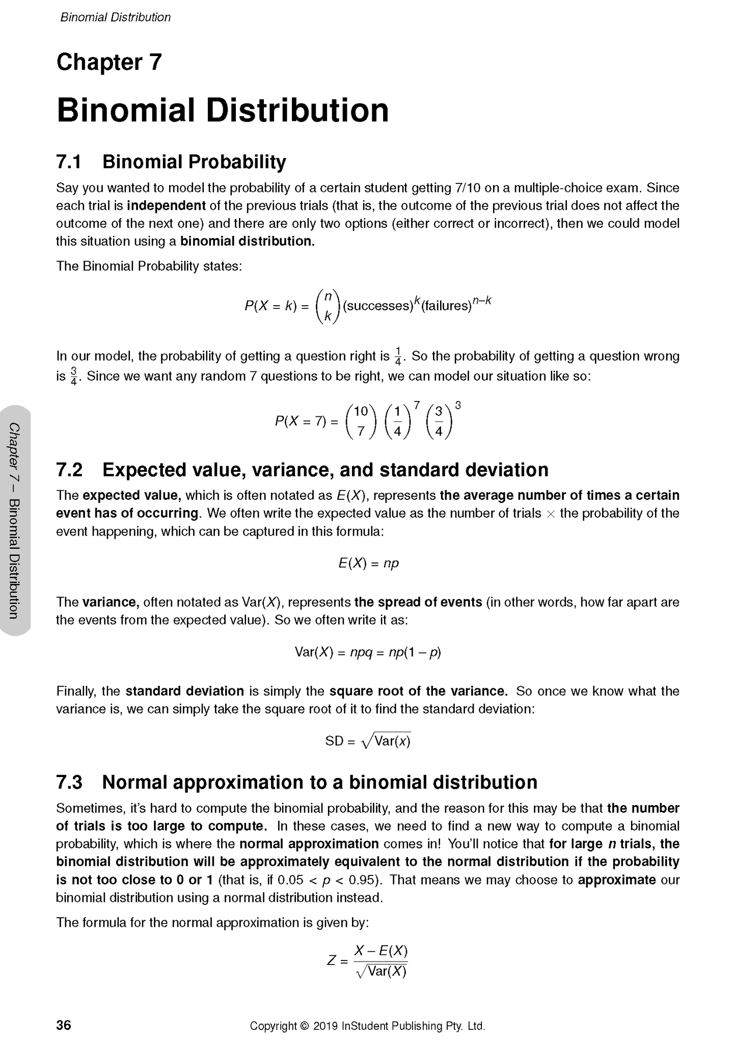 A page from course notes by ATAR Notes, displaying a chapter on binomial distribution with mathematical formulas and explanatory text.