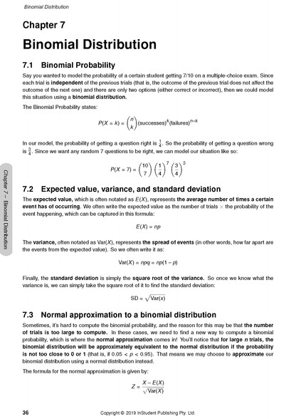 A page from course notes by ATAR Notes, displaying a chapter on binomial distribution with mathematical formulas and explanatory text.