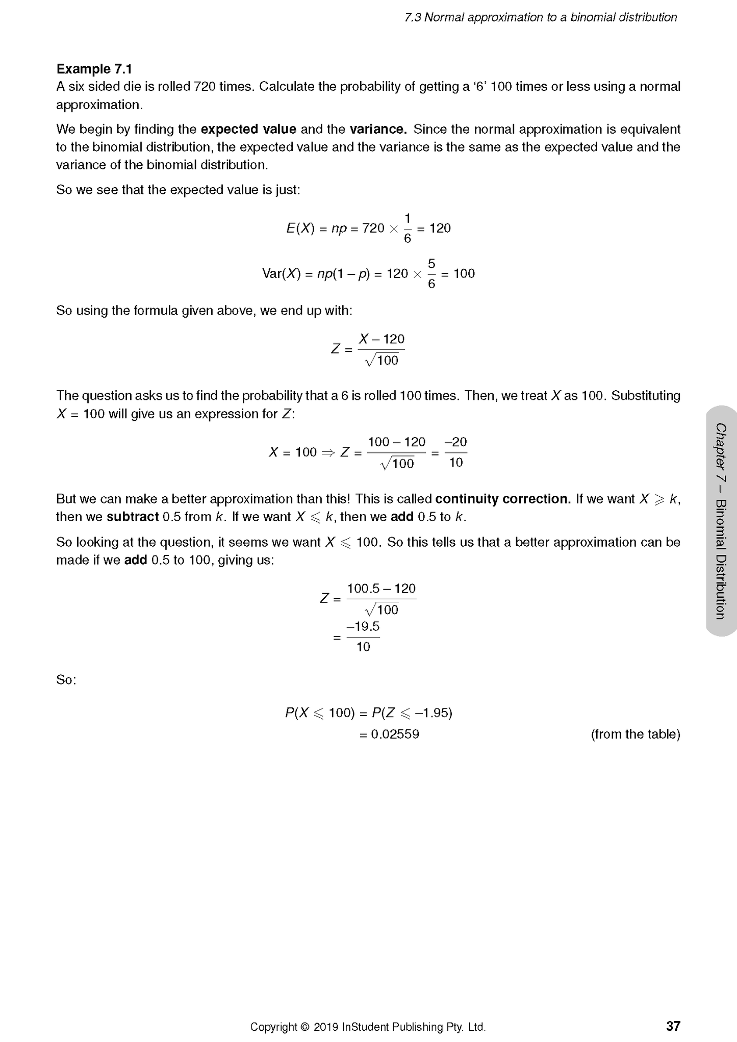 Mathematics Course Notes by ATAR Notes, displaying a page with problem solutions and formulas for normal approximation to binomial distribution.