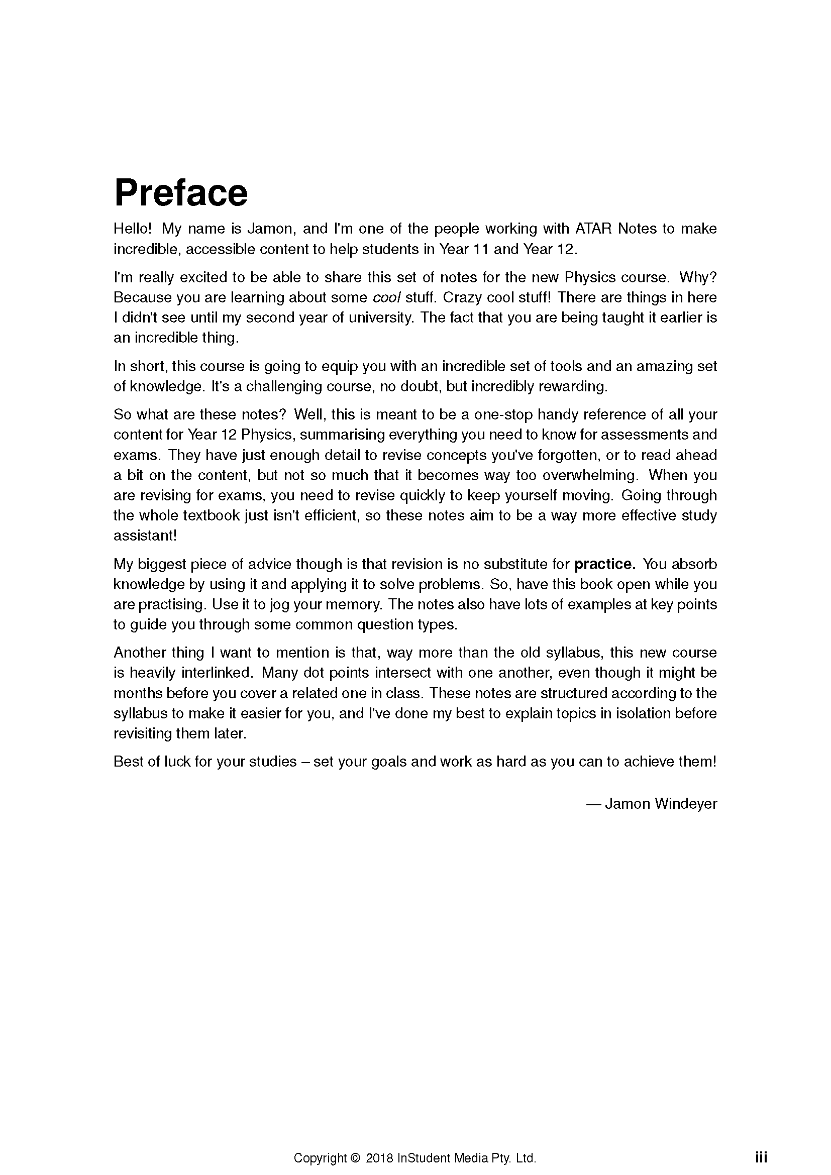 Physics Course Notes by ATAR Notes, a white page with black text displaying the "Preface" section.