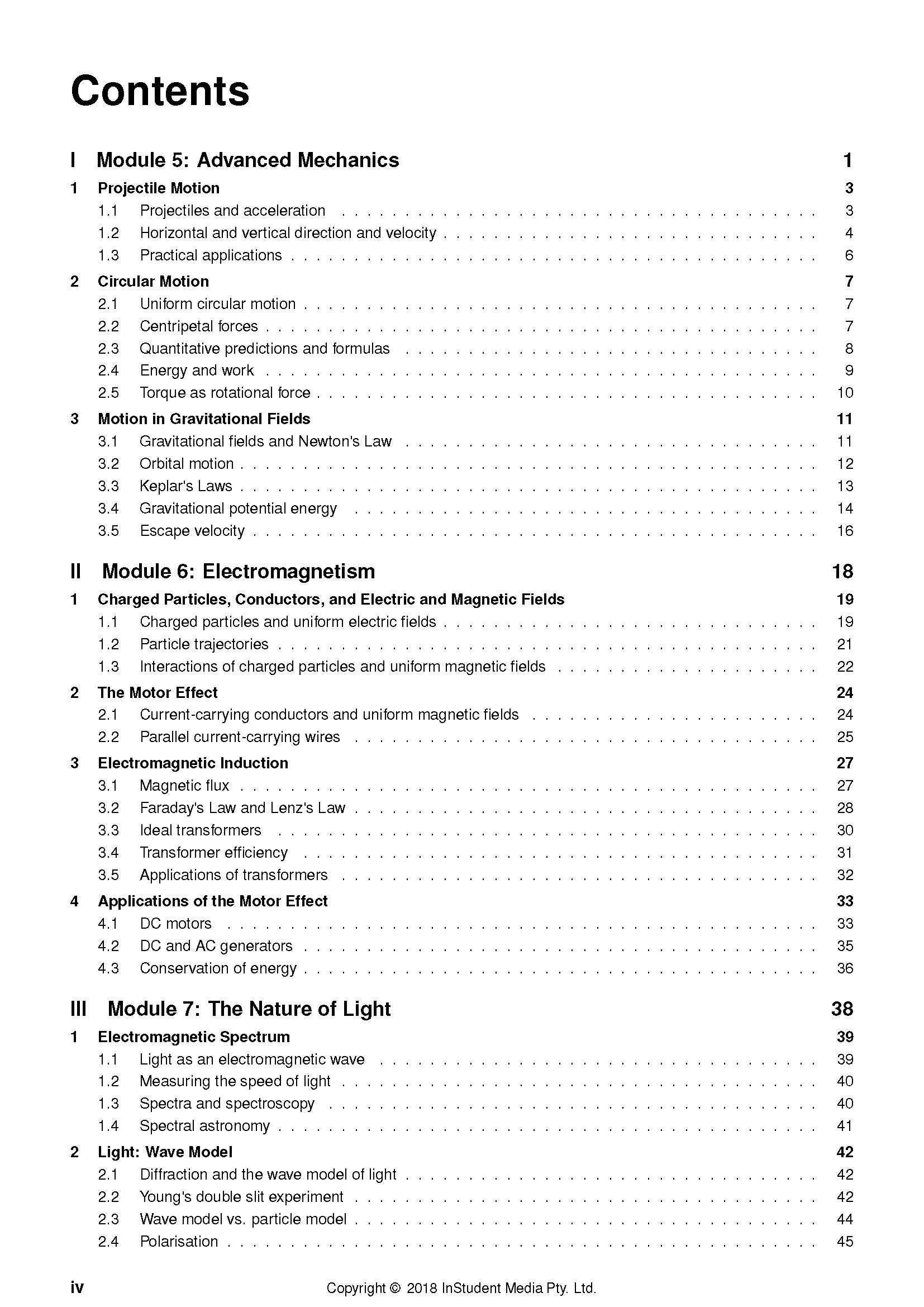 HSC Year 12 Physics complete course notes by ATAR Notes, showing a detailed table of contents for various modules.