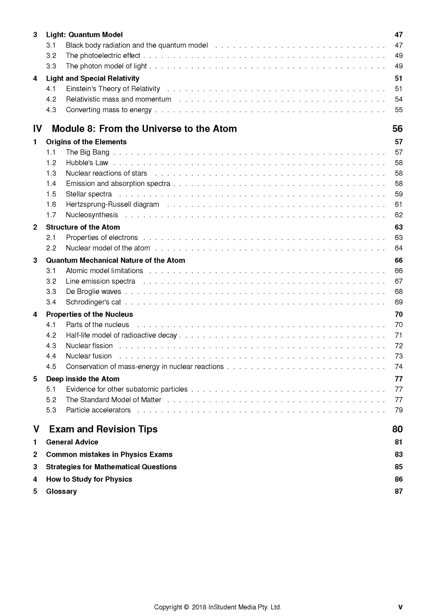 HSC Year 12 Physics Complete Course Notes by ATAR Notes, displaying chapter titles and page numbers on a white page.