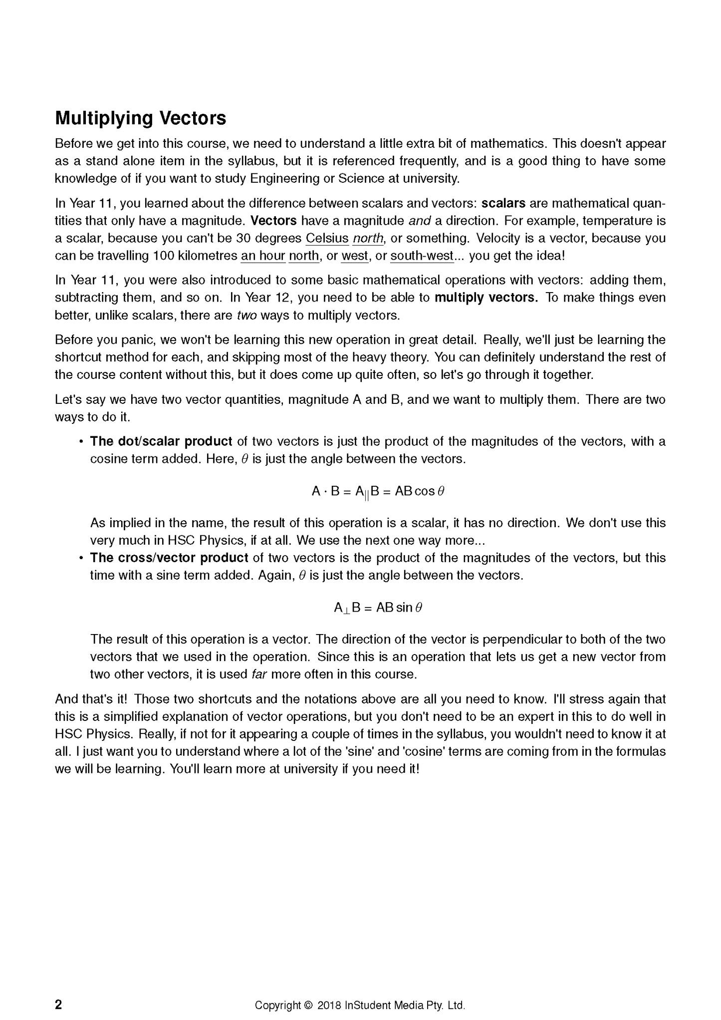 White HSC Year 12 Physics Course Notes page by ATAR Notes, detailing vector multiplication formulas.