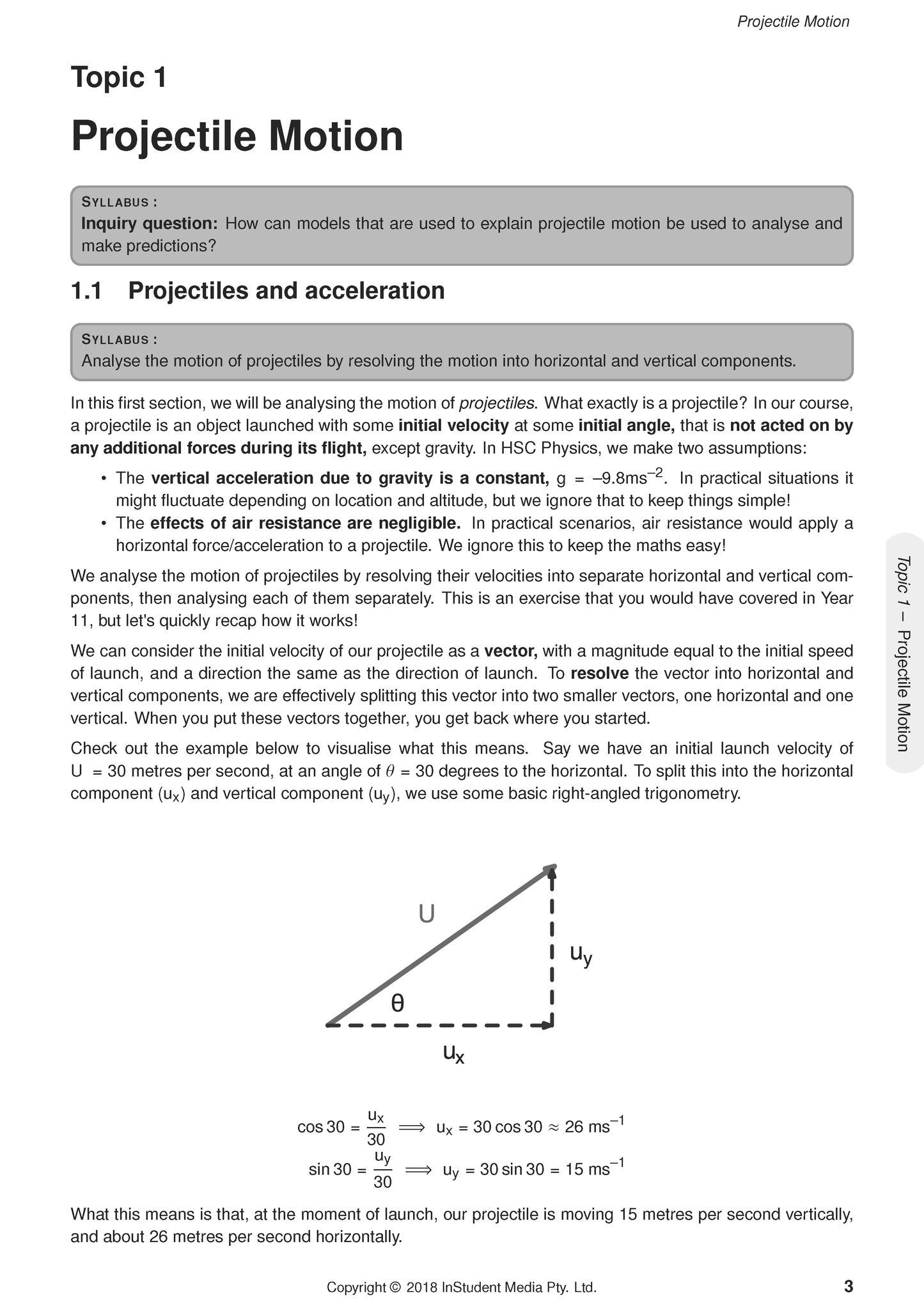 White page of HSC Physics course notes by ATAR Notes, detailing Projectile Motion with text, a vector diagram, and equations.
