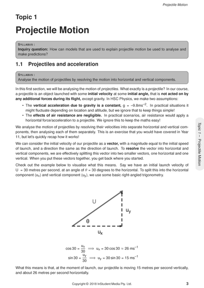 White page of HSC Physics course notes by ATAR Notes, detailing Projectile Motion with text, a vector diagram, and equations.