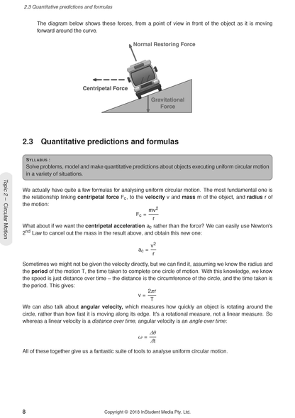 HSC Year 12 Physics Course Notes by ATAR Notes, displaying text, mathematical formulas, and a diagram of forces on a vehicle on a banked curve.