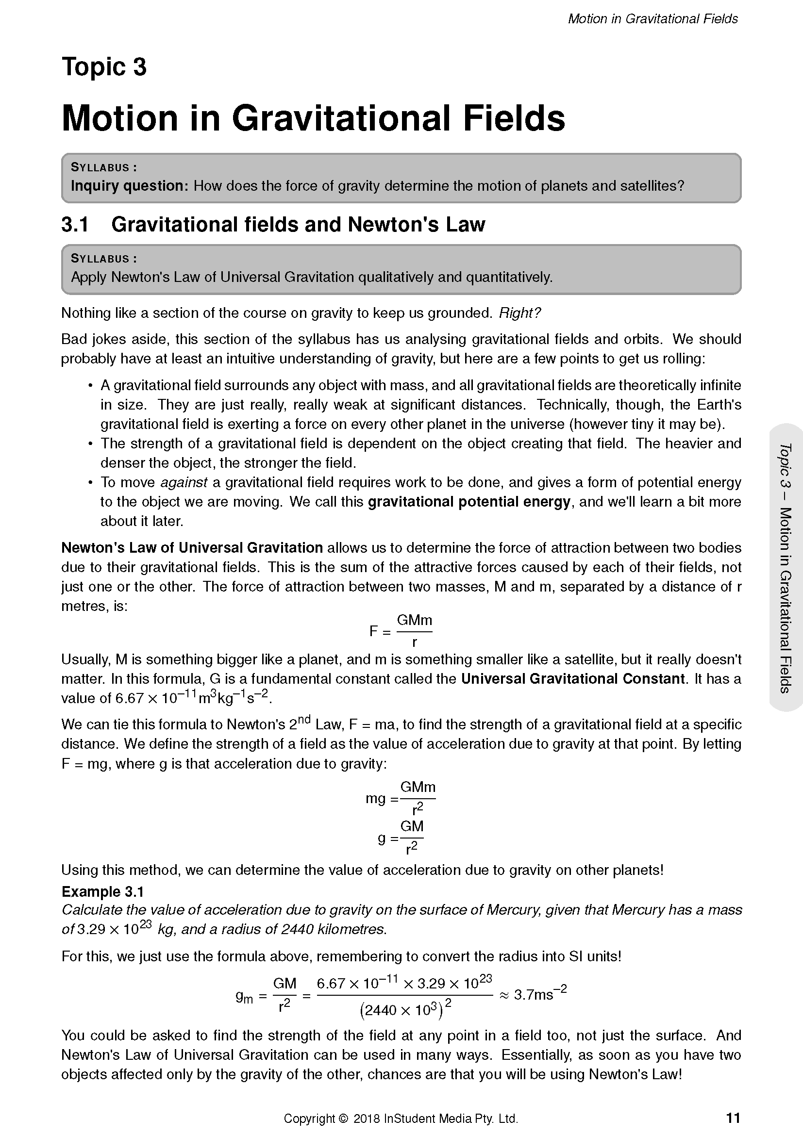 HSC Year 12 Physics Complete Course Notes (2024-2026) by ATAR Notes, showing a white page with black text and gravity formulas.