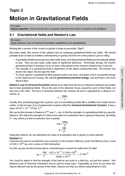HSC Year 12 Physics Complete Course Notes (2024-2026) by ATAR Notes, showing a white page with black text and gravity formulas.