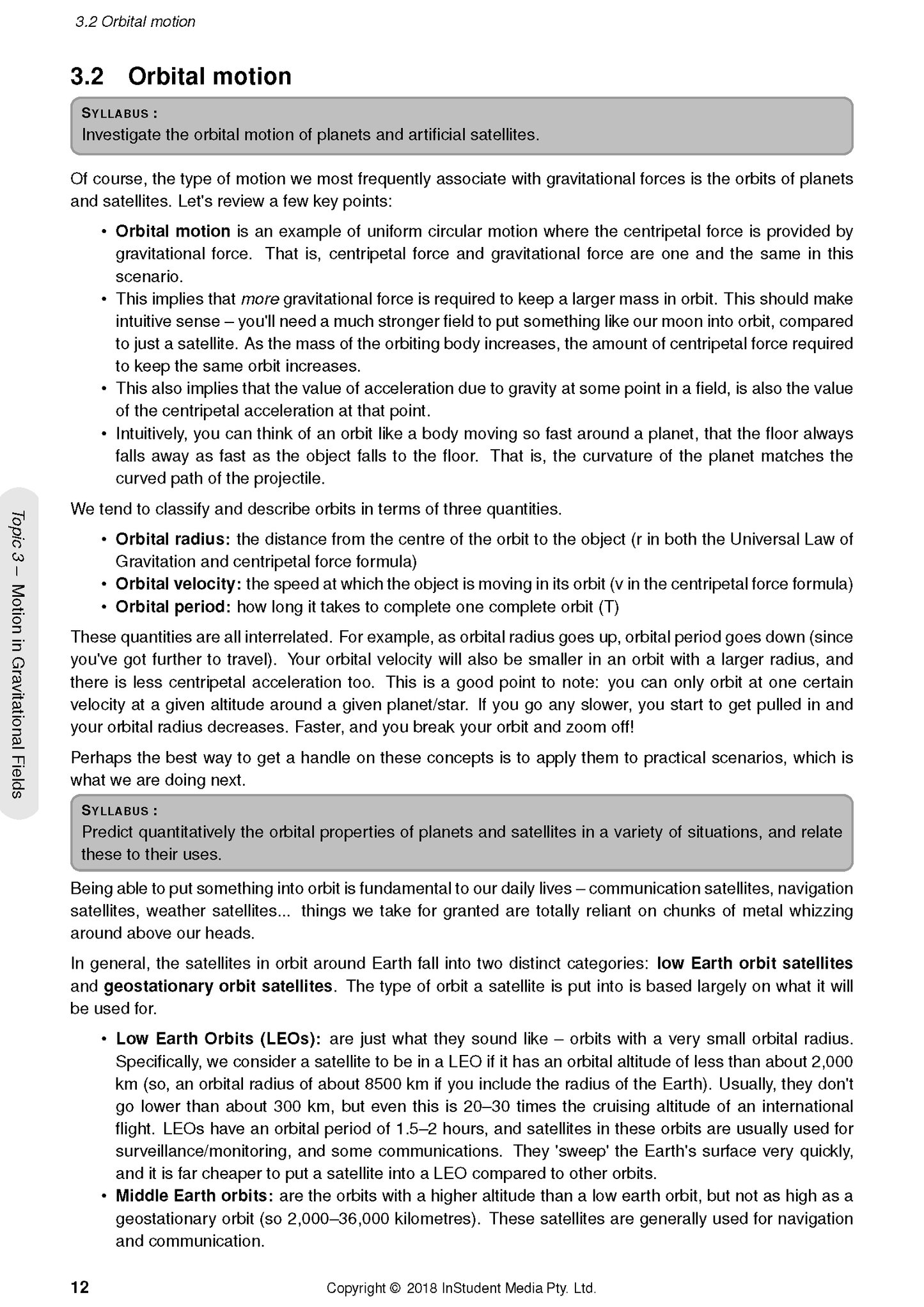 HSC Year 12 Physics Complete Course Notes by ATAR Notes, displaying the '3.2 Orbital motion' section with syllabus highlights on a white page.