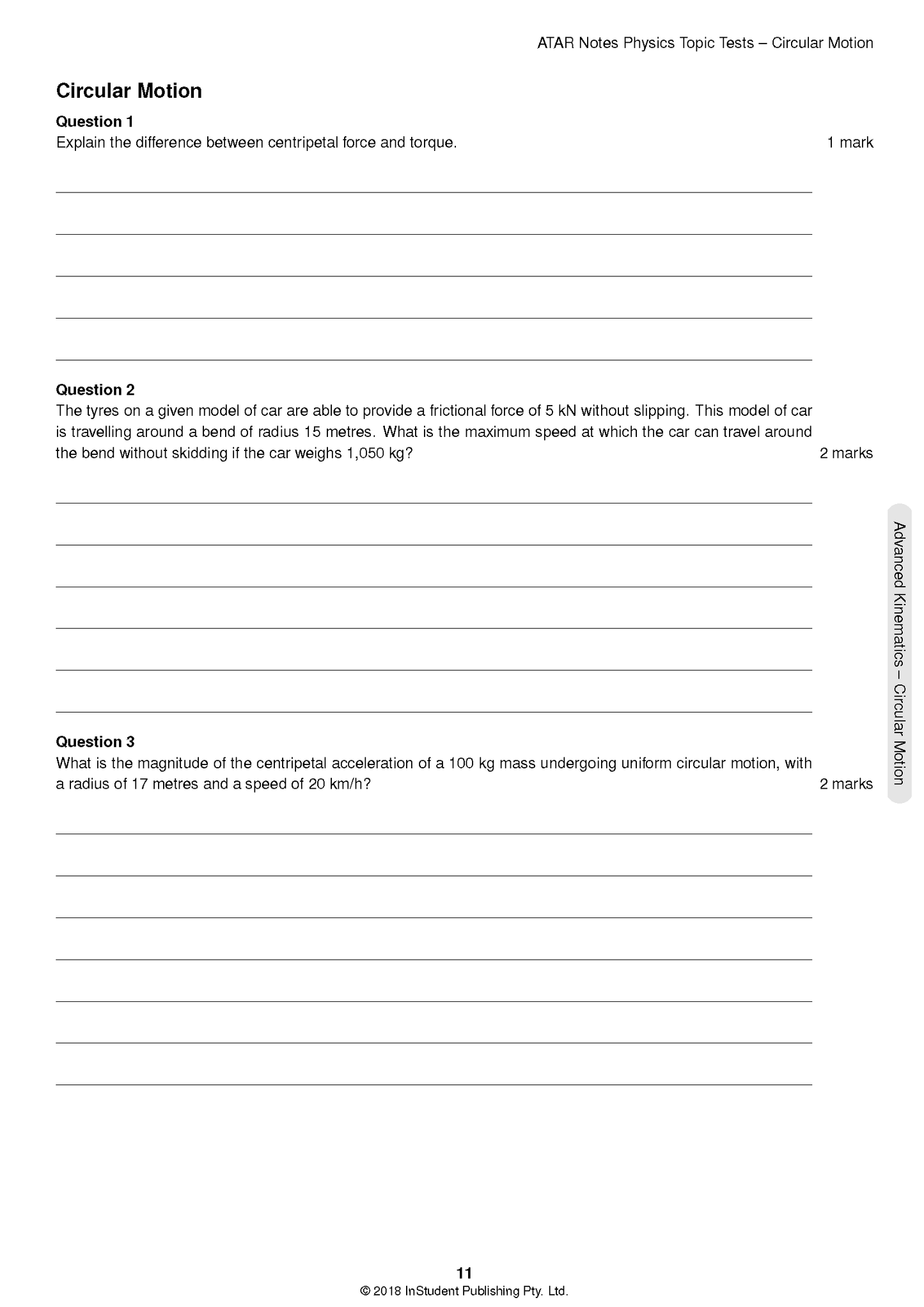 HSC Year 12 Physics Topic Tests by ATAR Notes, displaying a 'Circular Motion' test page with questions and blank lines.