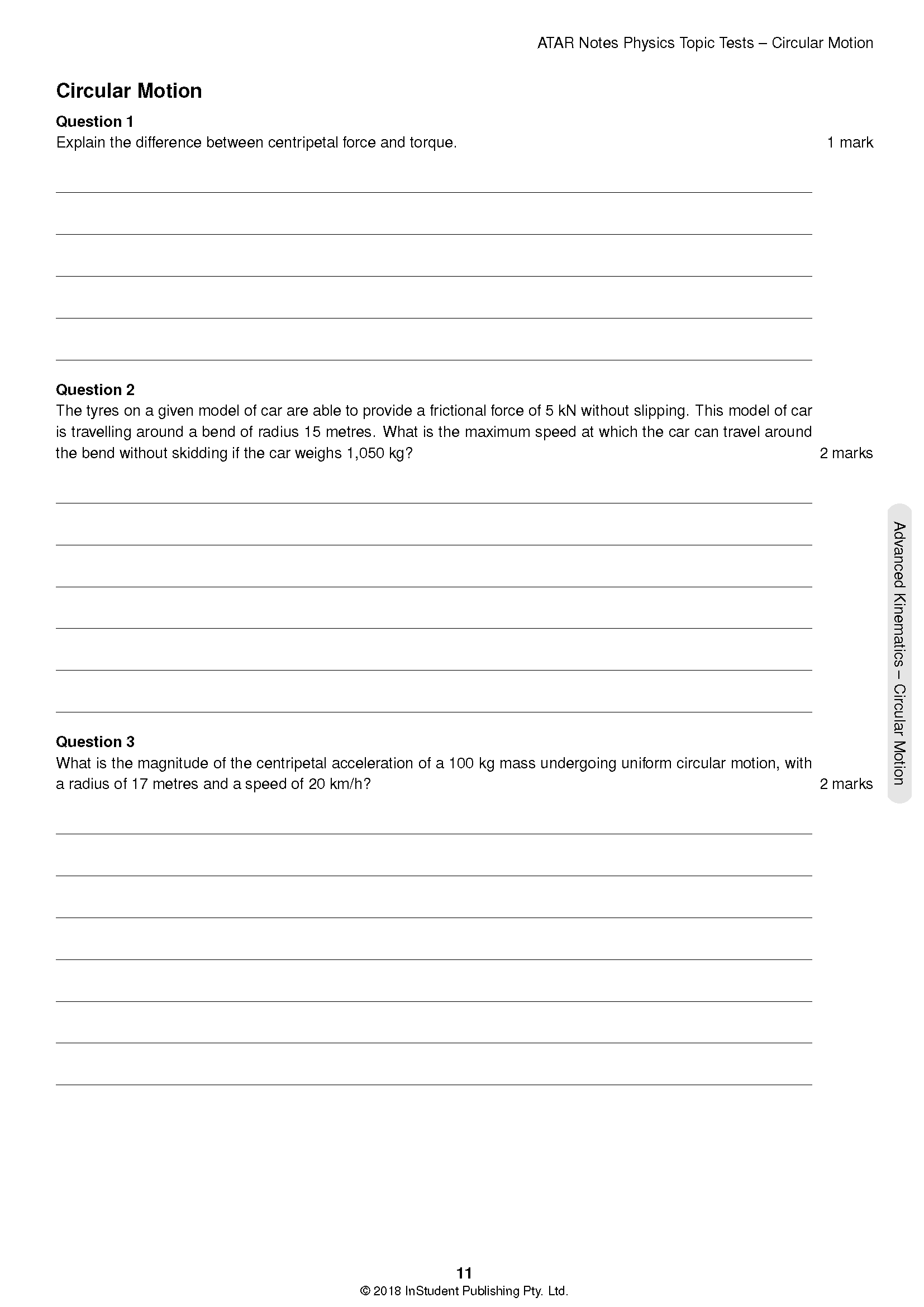 HSC Year 12 Physics Topic Tests by ATAR Notes, displaying a 'Circular Motion' test page with questions and blank lines.