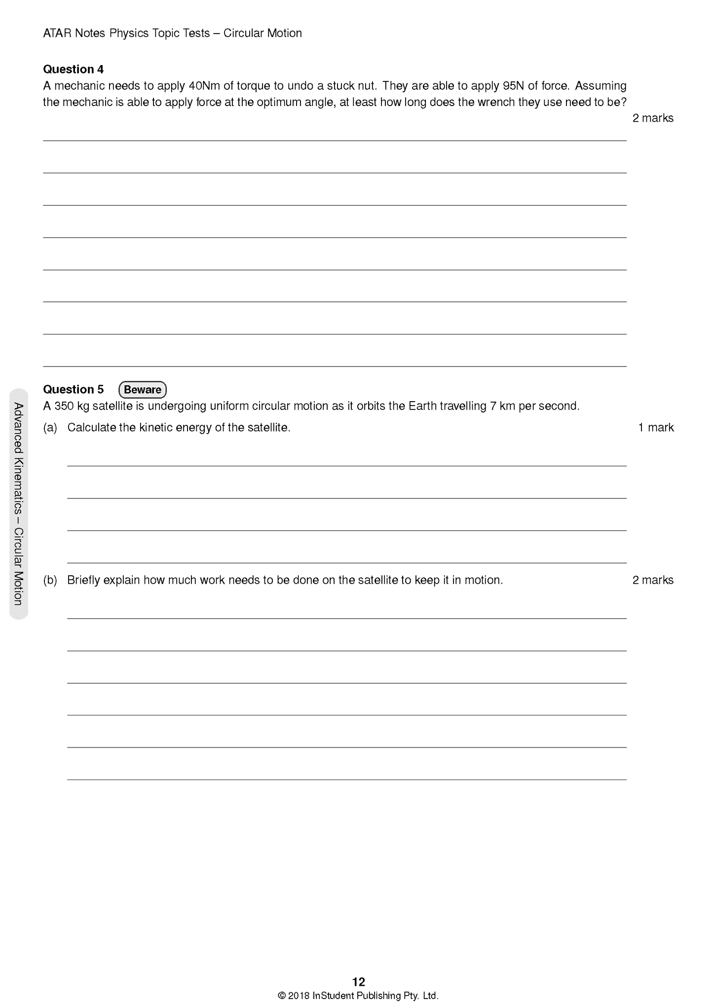 HSC Year 12 Physics Topic Tests from ATAR Notes, displaying a page with Circular Motion questions and empty answer lines.