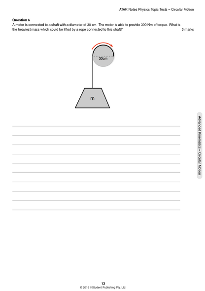 Physics topic test paper by ATAR Notes, showing Question 6 on circular motion with a shaft and hanging mass diagram.