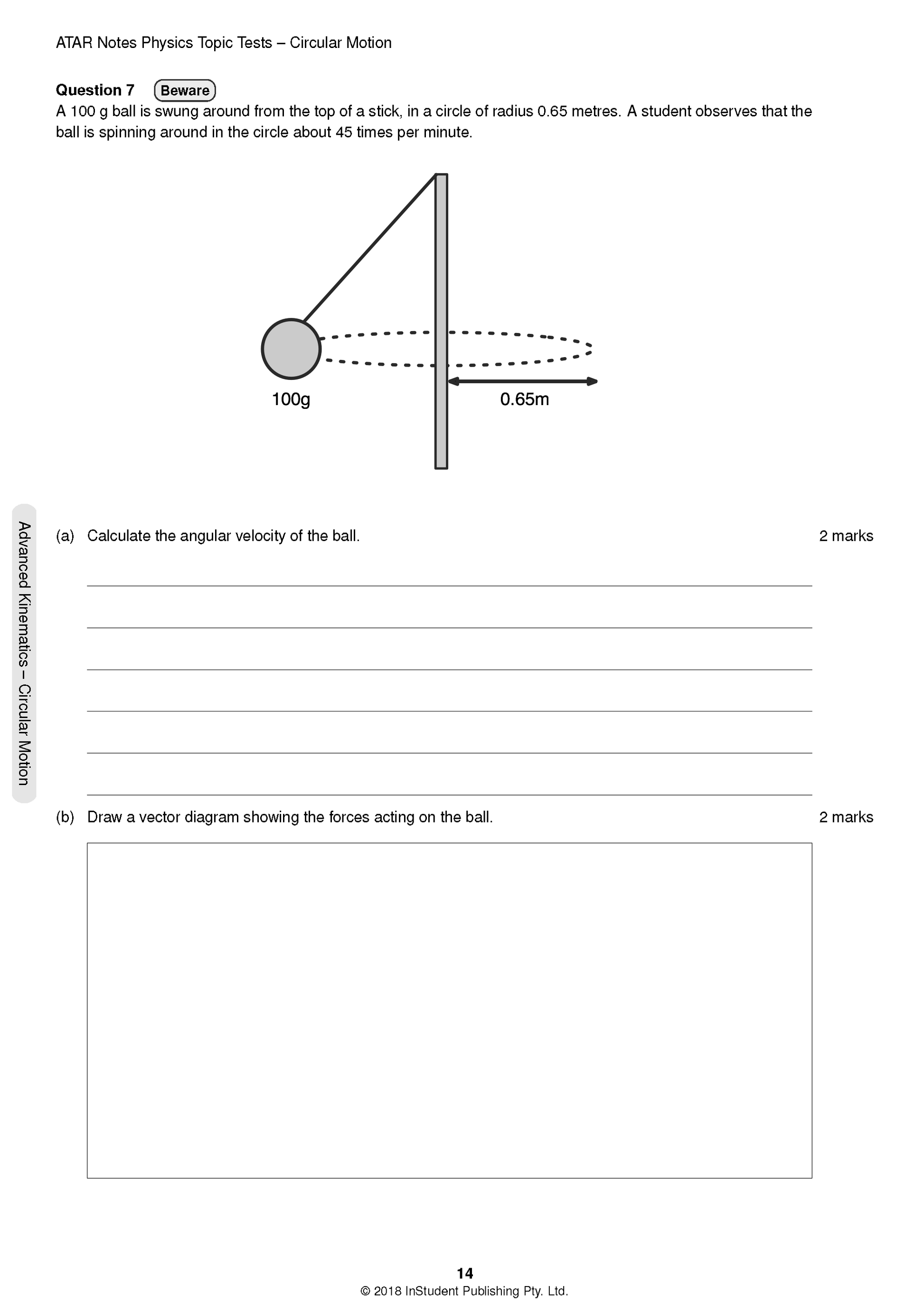 White paper physics topic test by ATAR Notes, displaying a circular motion question with a diagram.