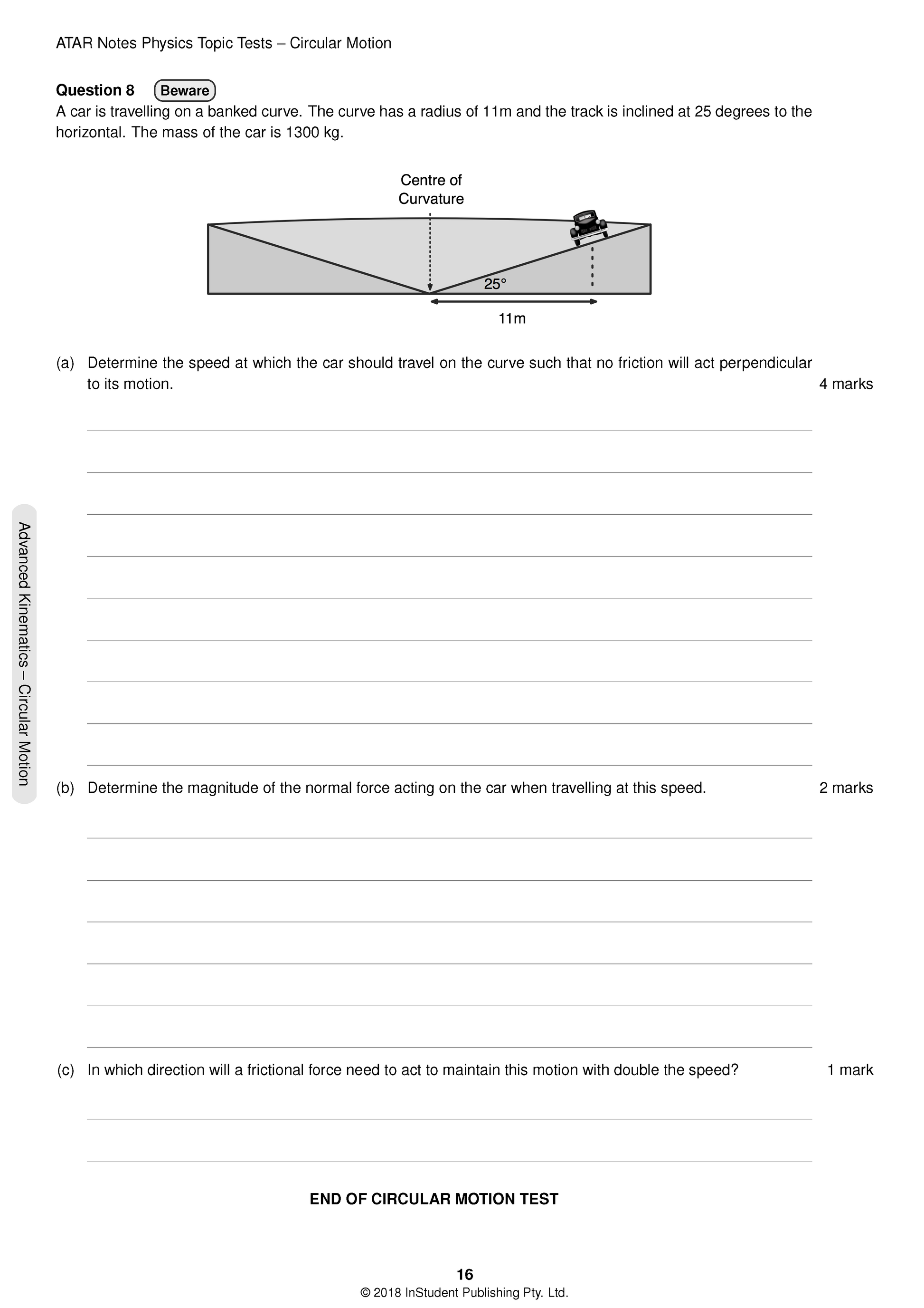 Physics Topic Tests page by ATAR Notes, displaying a circular motion problem with a banked curve diagram and question text.