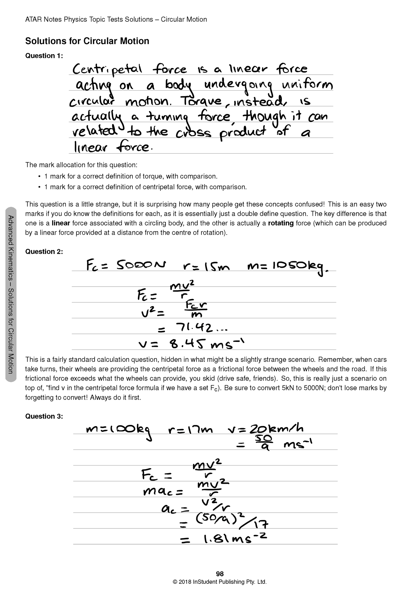 HSC Year 12 Physics Topic Tests by ATAR Notes, displaying a page of handwritten solutions for circular motion problems and explanatory text.