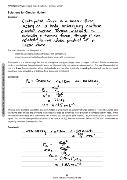 HSC Year 12 Physics Topic Tests by ATAR Notes, displaying a page of handwritten solutions for circular motion problems and explanatory text.