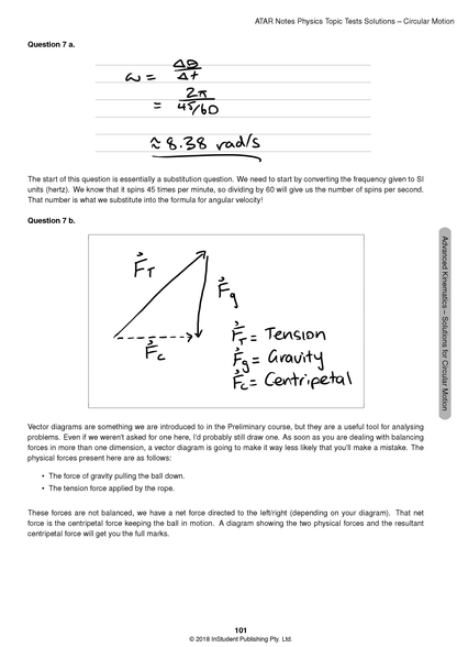 Physics Topic Tests by ATAR Notes, displaying a solution page with handwritten equations for circular motion and vector diagrams.