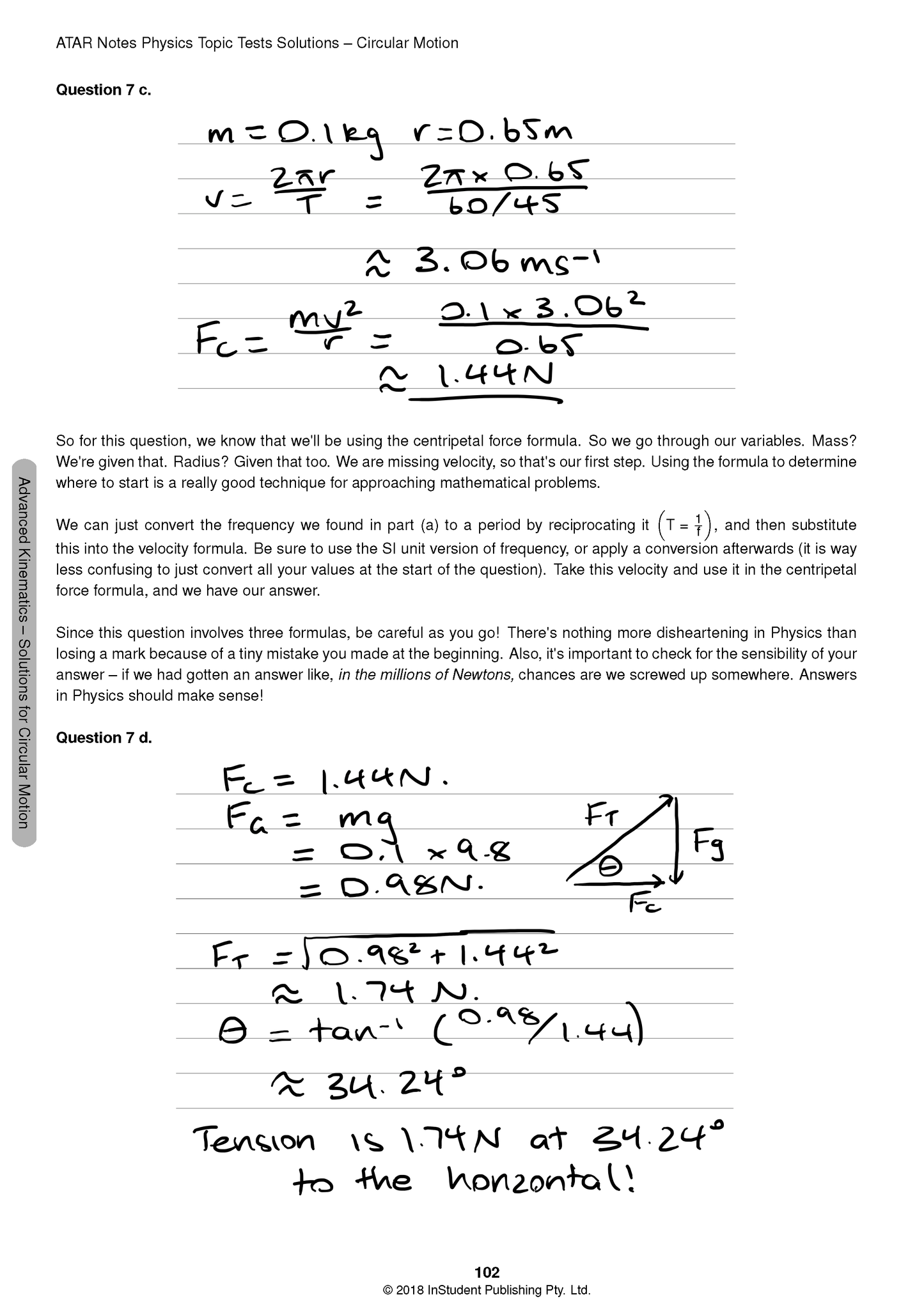 Topic Tests by ATAR Notes, showing a page with handwritten physics calculations for circular motion and solution text.