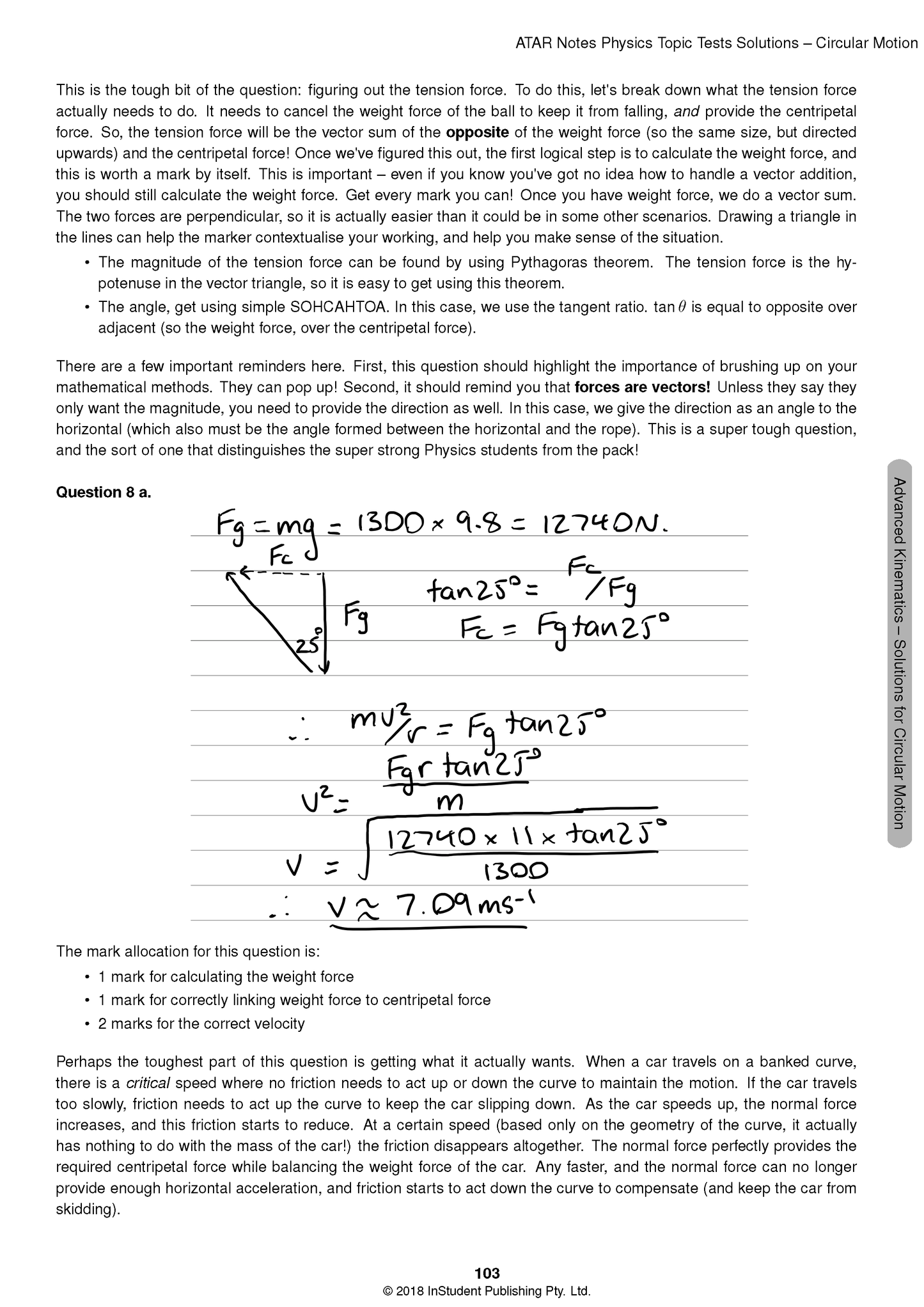HSC Year 12 Physics Topic Tests from ATAR Notes, showing a handwritten solution with calculations and explanatory text for Question 8a.