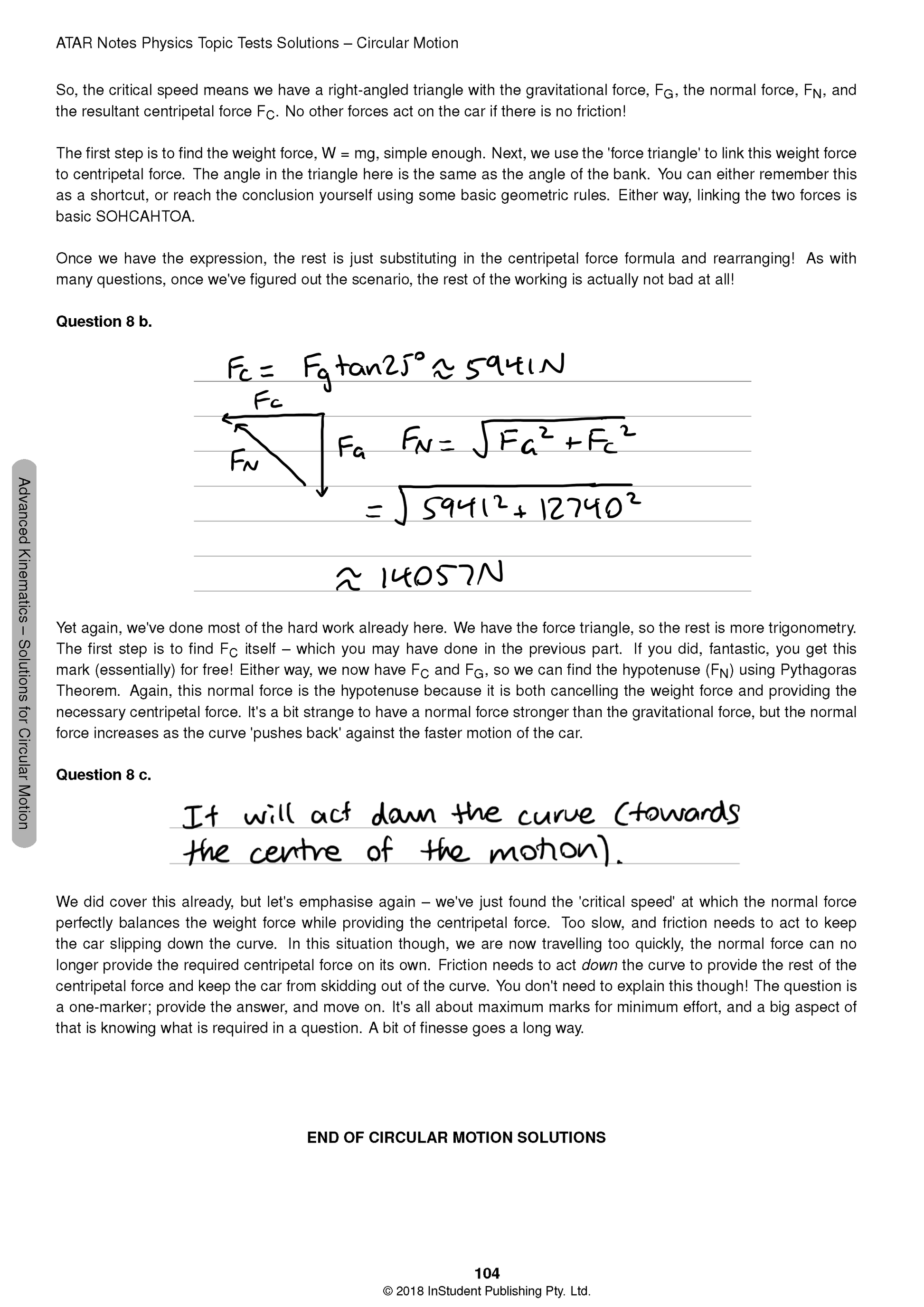 Physics Topic Tests by ATAR Notes showing a solutions page for circular motion with equations and handwritten notes.