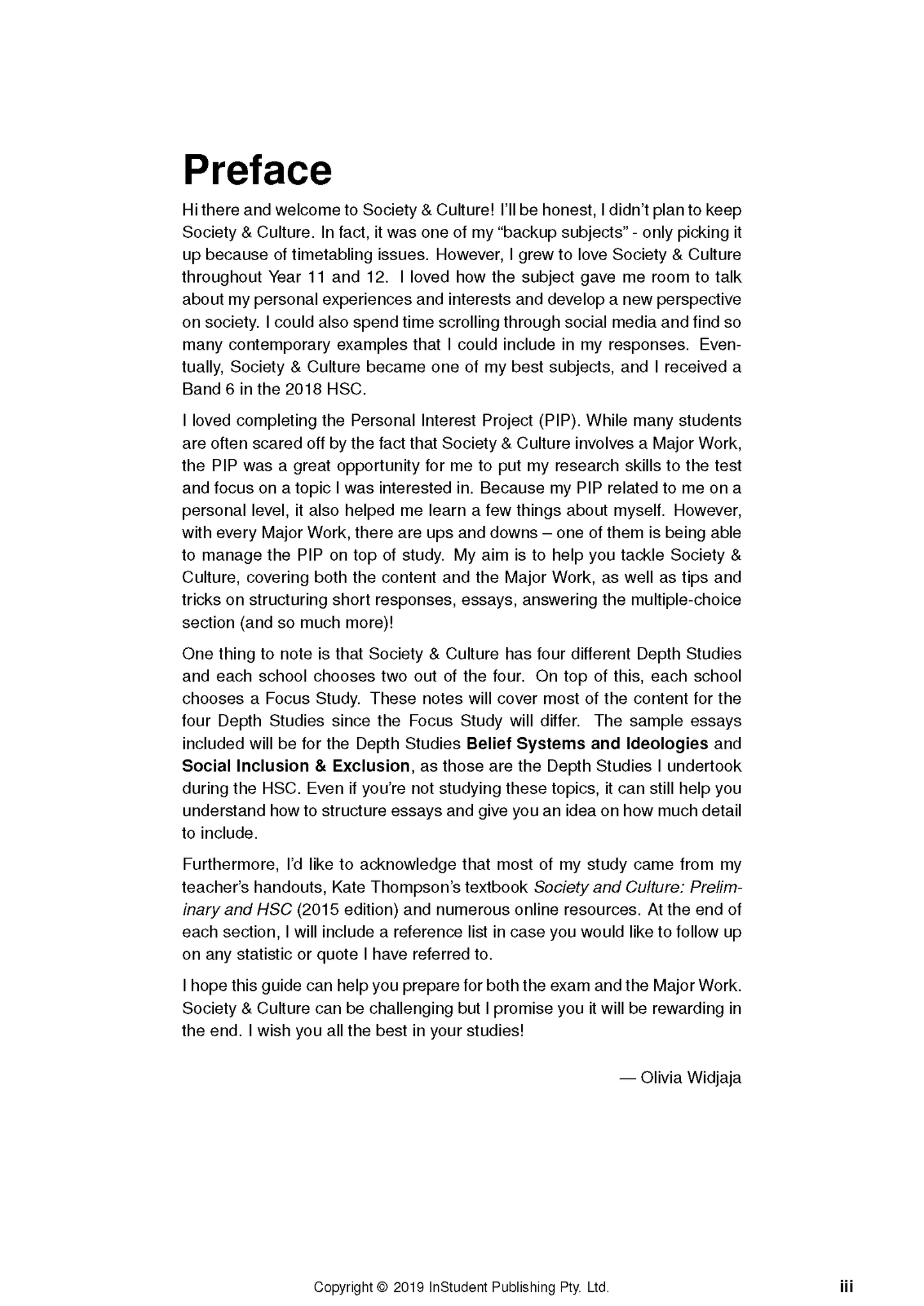 HSC Year 12 Society and Culture Course Notes by ATAR Notes, displaying the Preface page with black text on white paper.