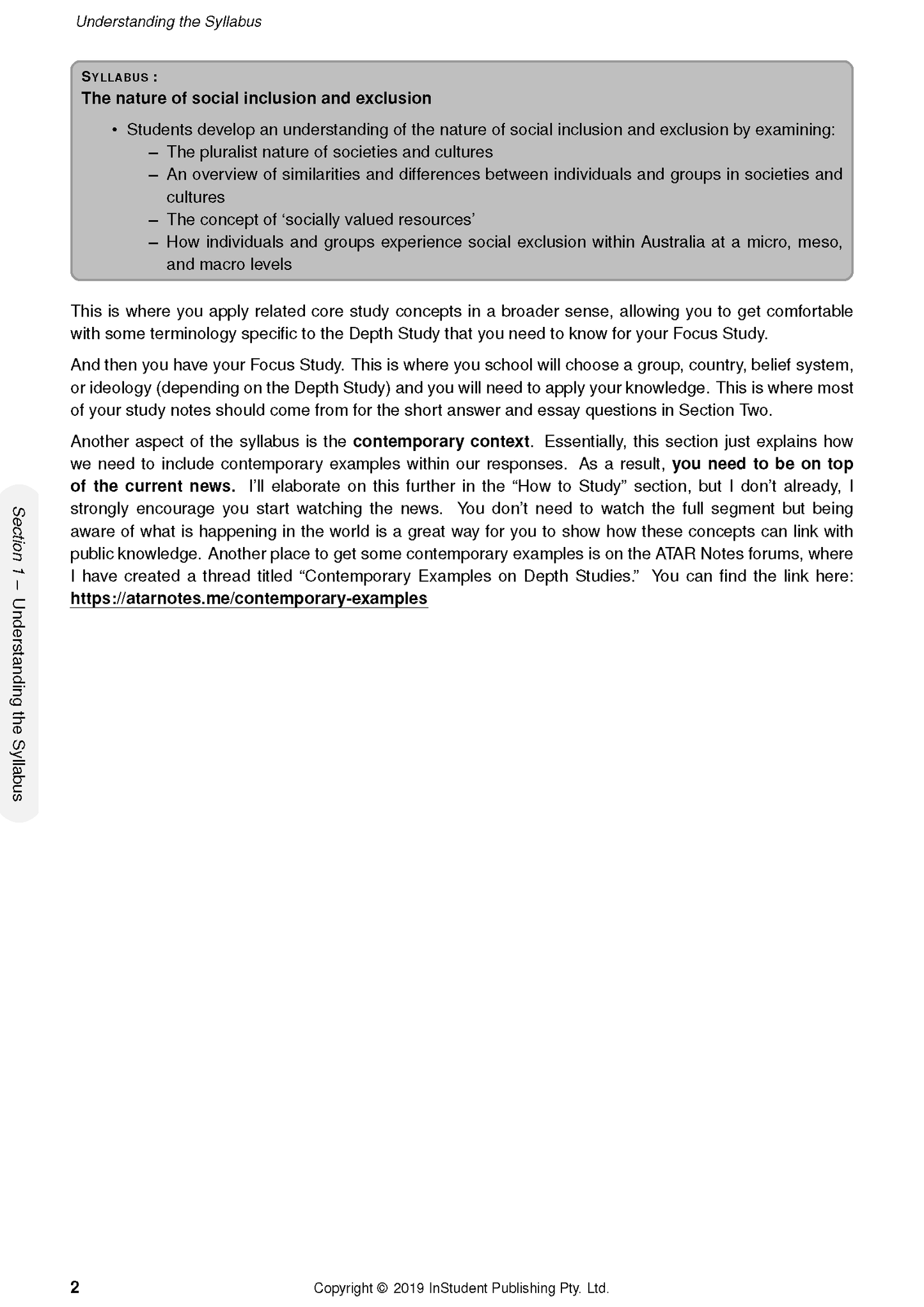 HSC Year 12 Society and Culture Course Notes by ATAR Notes, displaying a syllabus page on social inclusion and contemporary examples.