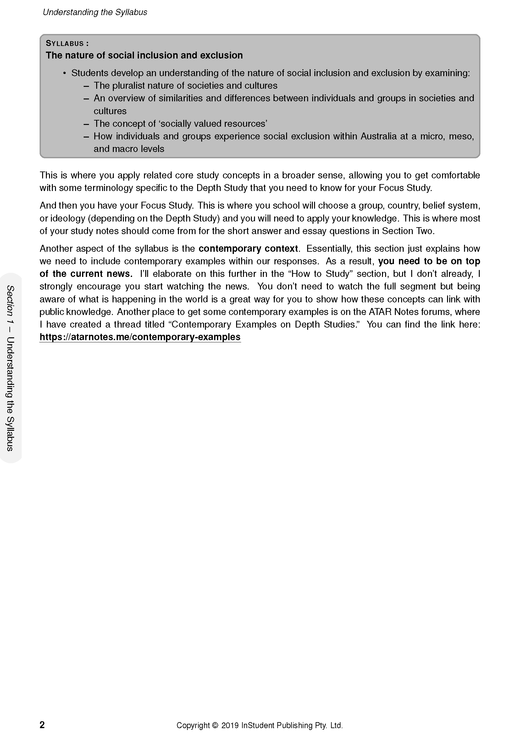 HSC Year 12 Society and Culture Course Notes by ATAR Notes, displaying a syllabus page on social inclusion and contemporary examples.
