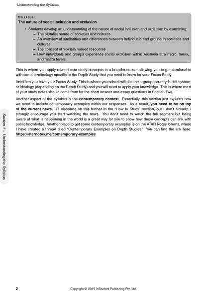 HSC Year 12 Society and Culture Course Notes by ATAR Notes, displaying a syllabus page on social inclusion and contemporary examples.