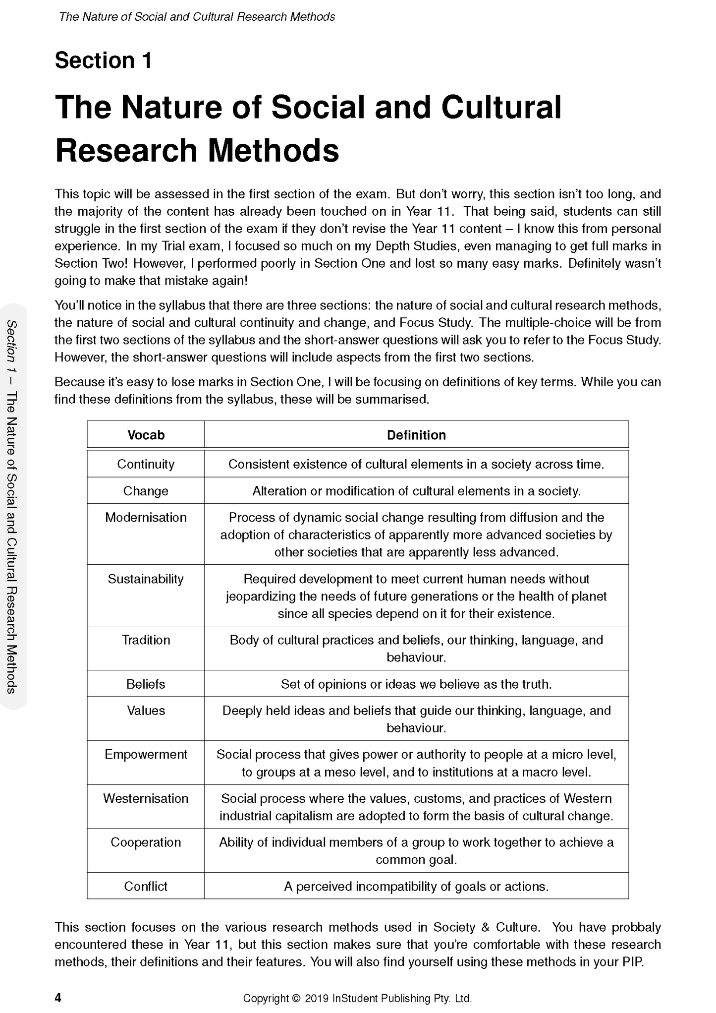 HSC Year 12 Society and Culture Course Notes by ATAR Notes, showing page 4 with text and a vocabulary table.