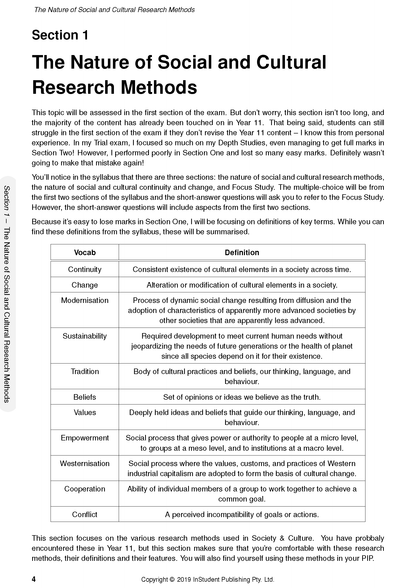HSC Year 12 Society and Culture Course Notes by ATAR Notes, showing page 4 with text and a vocabulary table.