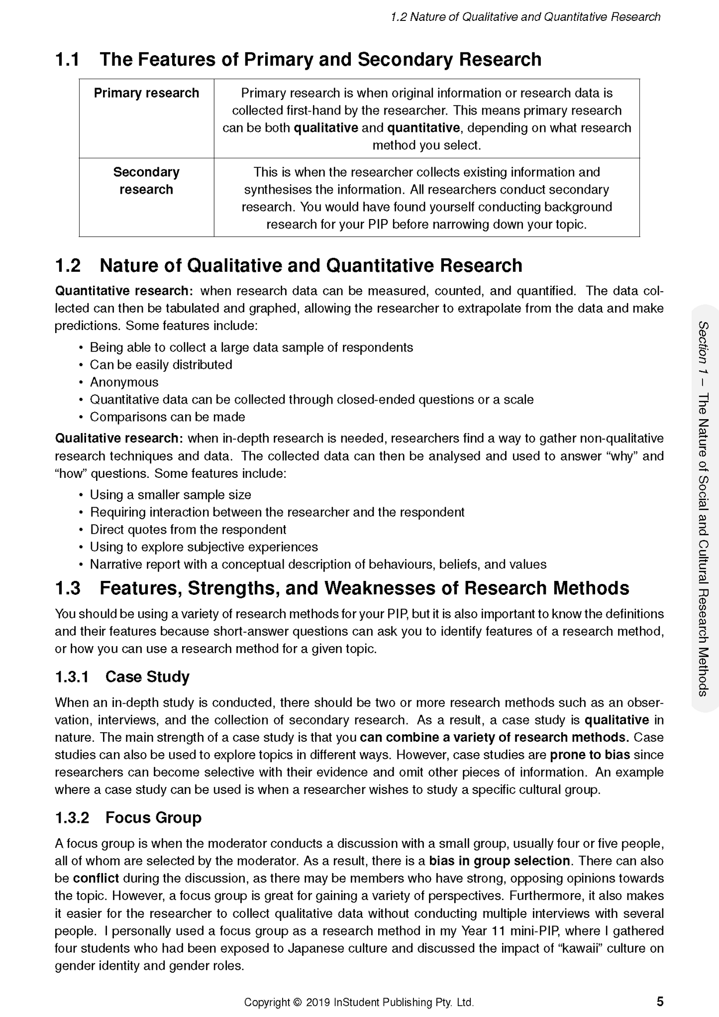 White course notes by ATAR Notes, displaying black text on qualitative and quantitative research methods with a table and bullet points.