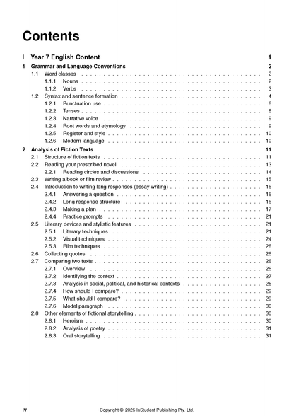 Year 7 English Complete Course Notes by ATAR Notes, showing the detailed table of contents page.