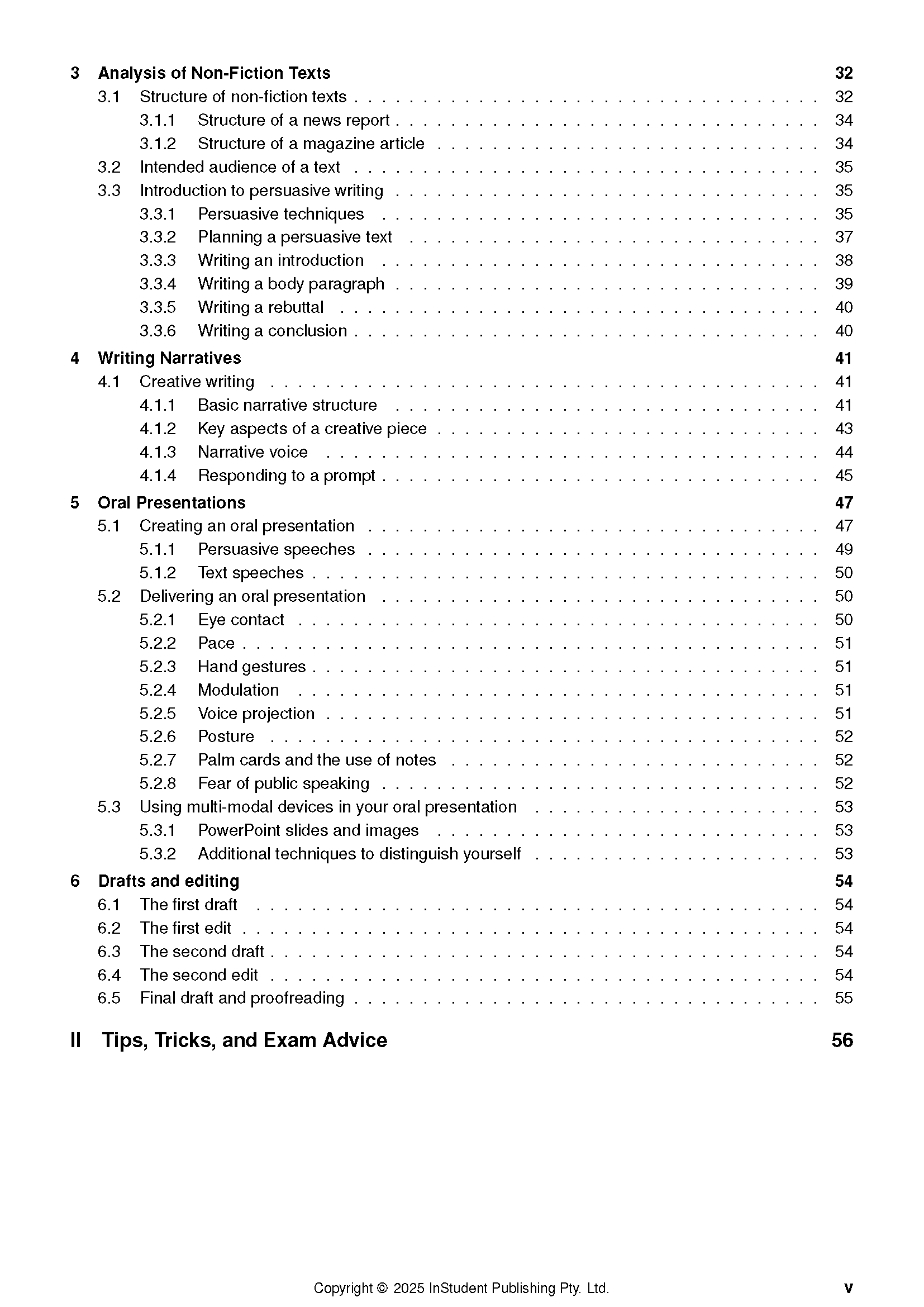 Page from English Course Notes by ATAR Notes, featuring a table of contents with black text and page numbers.