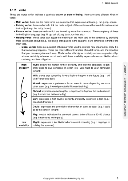 English Course Notes by ATAR Notes, a white page detailing verb types and a modality scale diagram.
