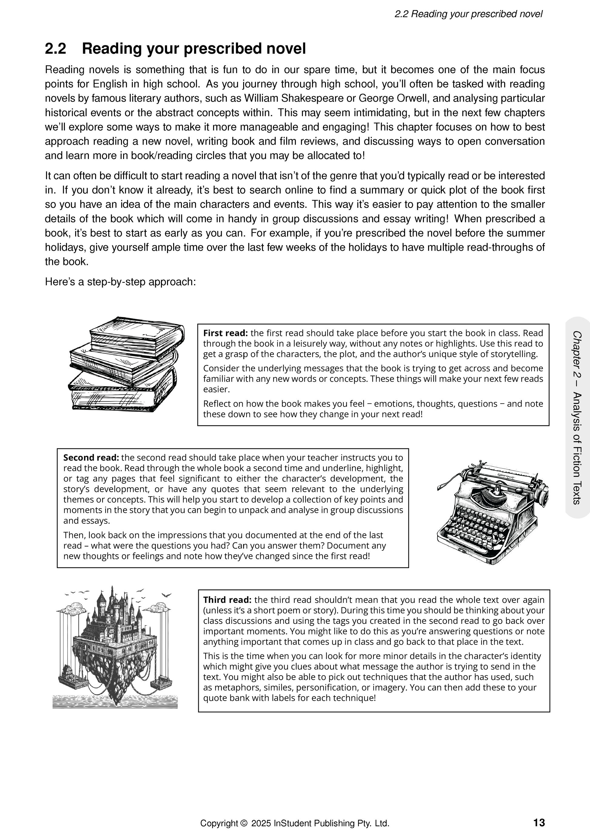 Year 7 English Complete Course Notes by ATAR Notes, showing a page discussing reading strategies with illustrations of stacked books, a typewriter, and a floating castle.