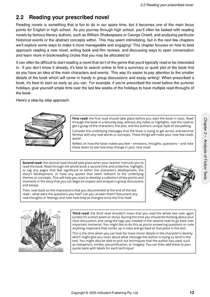Year 7 English Complete Course Notes by ATAR Notes, showing a page discussing reading strategies with illustrations of stacked books, a typewriter, and a floating castle.