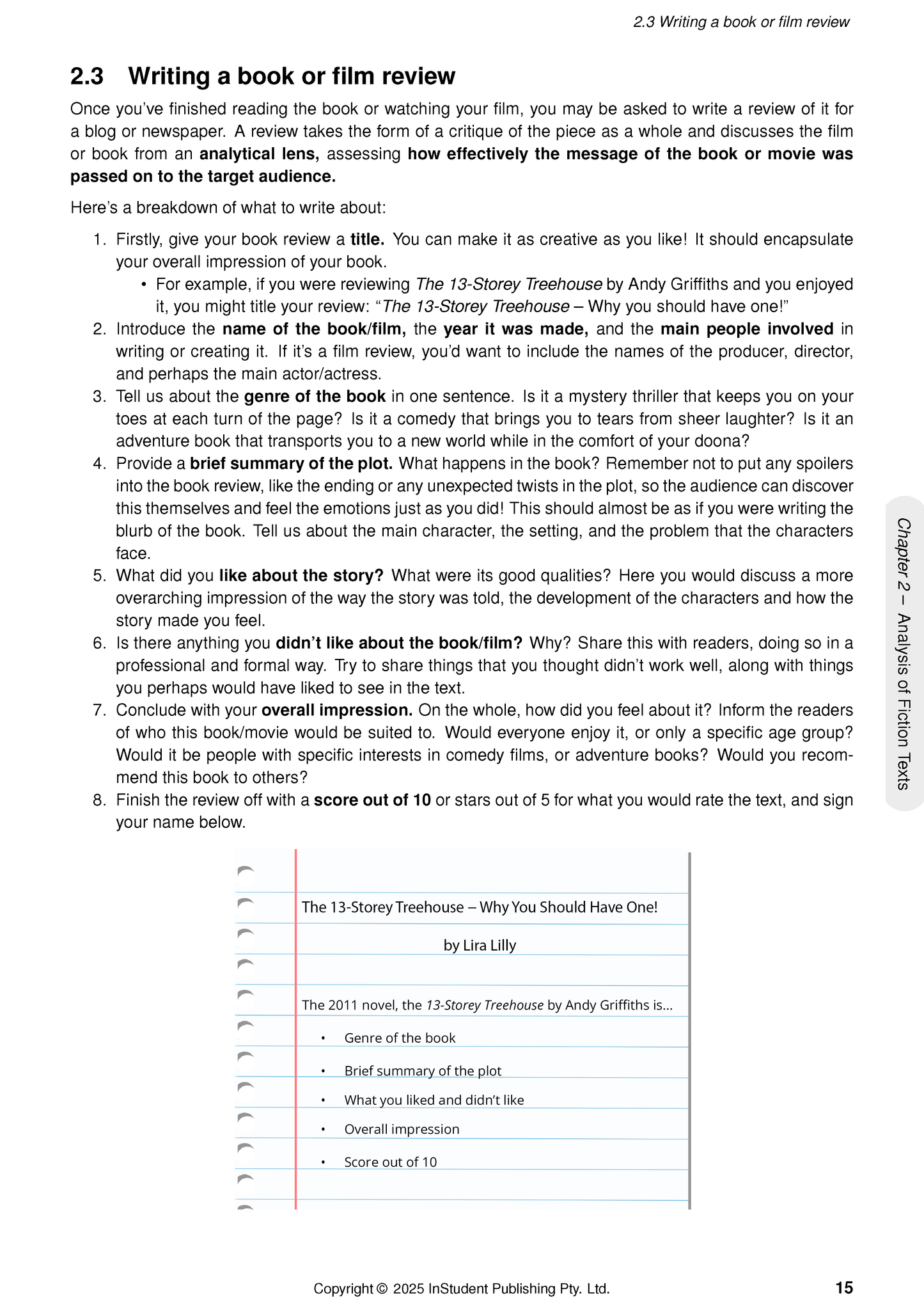English Course Notes by ATAR Notes, featuring a page on writing book/film reviews, including step-by-step instructions and a scoring guide.