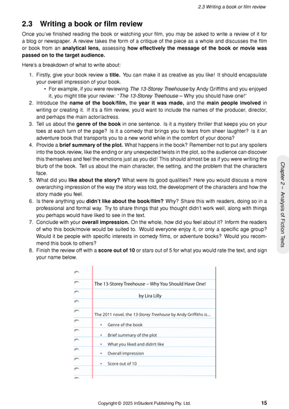 English Course Notes by ATAR Notes, featuring a page on writing book/film reviews, including step-by-step instructions and a scoring guide.