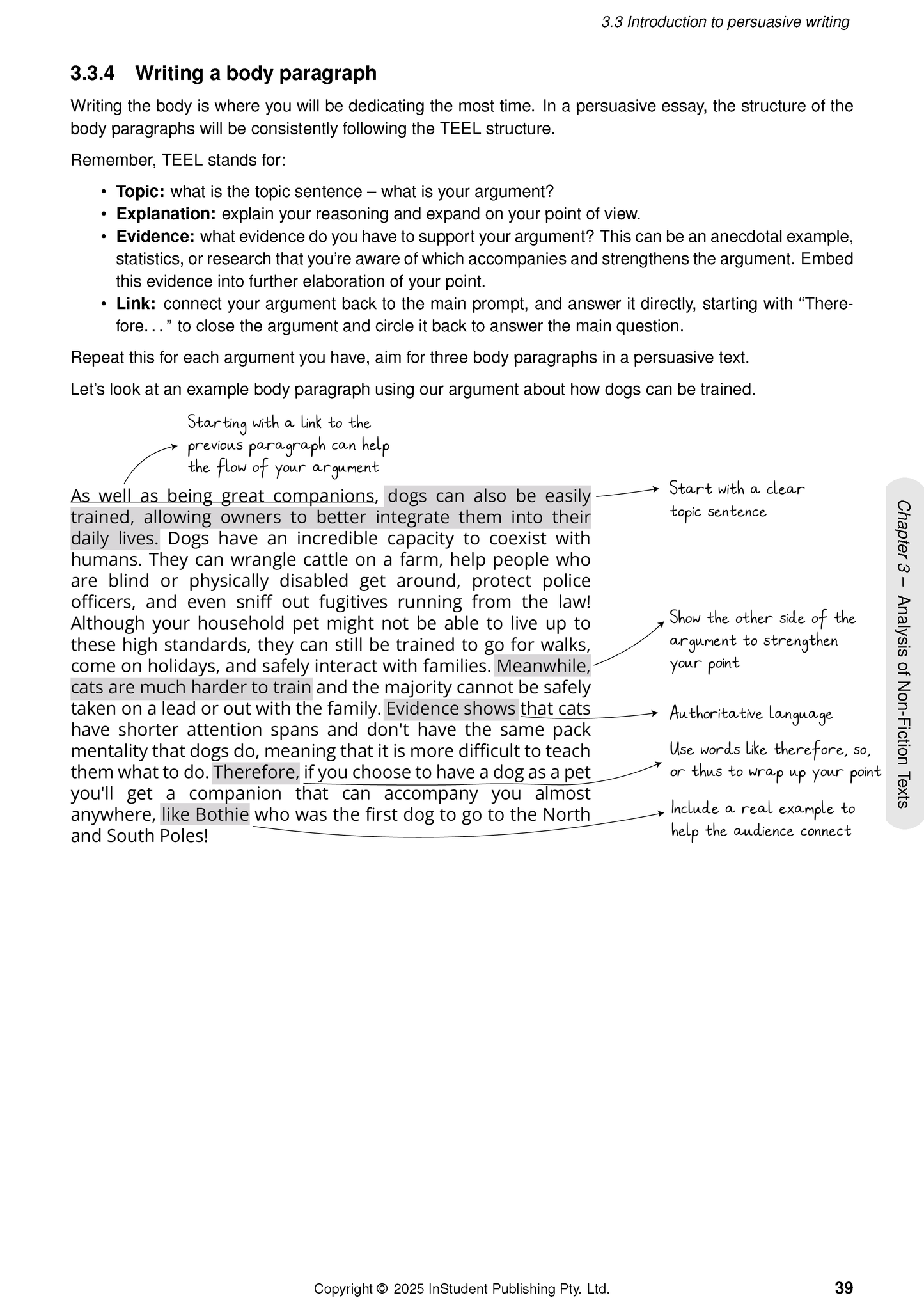 Complete English Course Notes for Year 7 by ATAR Notes, open to a page detailing the TEEL body paragraph structure with an annotated dog-themed example.