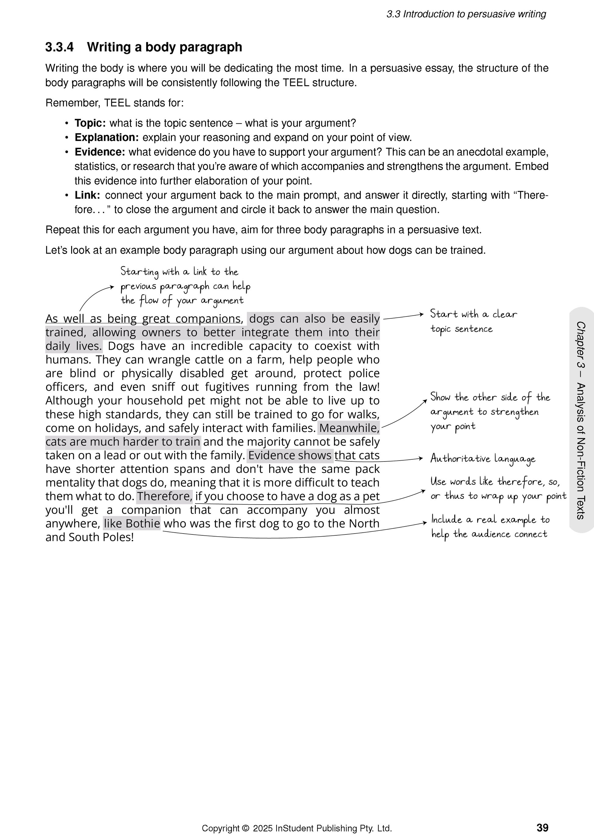 Complete English Course Notes for Year 7 by ATAR Notes, open to a page detailing the TEEL body paragraph structure with an annotated dog-themed example.