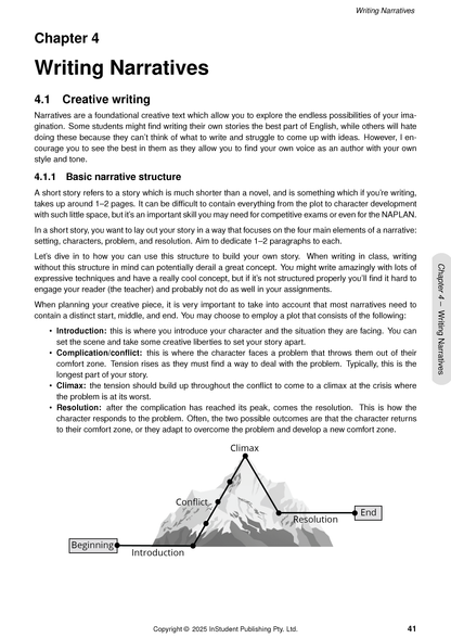 Year 7 English Complete Course Notes by ATAR Notes showing a page on Writing Narratives with text and a mountain diagram of narrative structure.