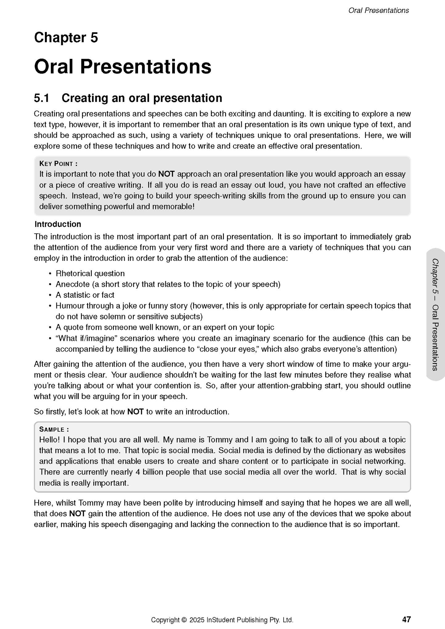 White Year 7 English Course Notes page by ATAR Notes, displaying 'Oral Presentations' chapter with a 'Key Point' and 'Sample' section.