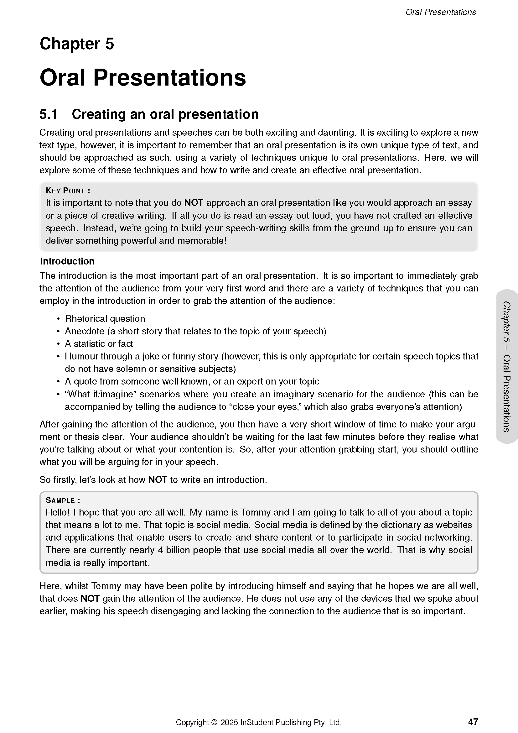 White Year 7 English Course Notes page by ATAR Notes, displaying 'Oral Presentations' chapter with a 'Key Point' and 'Sample' section.