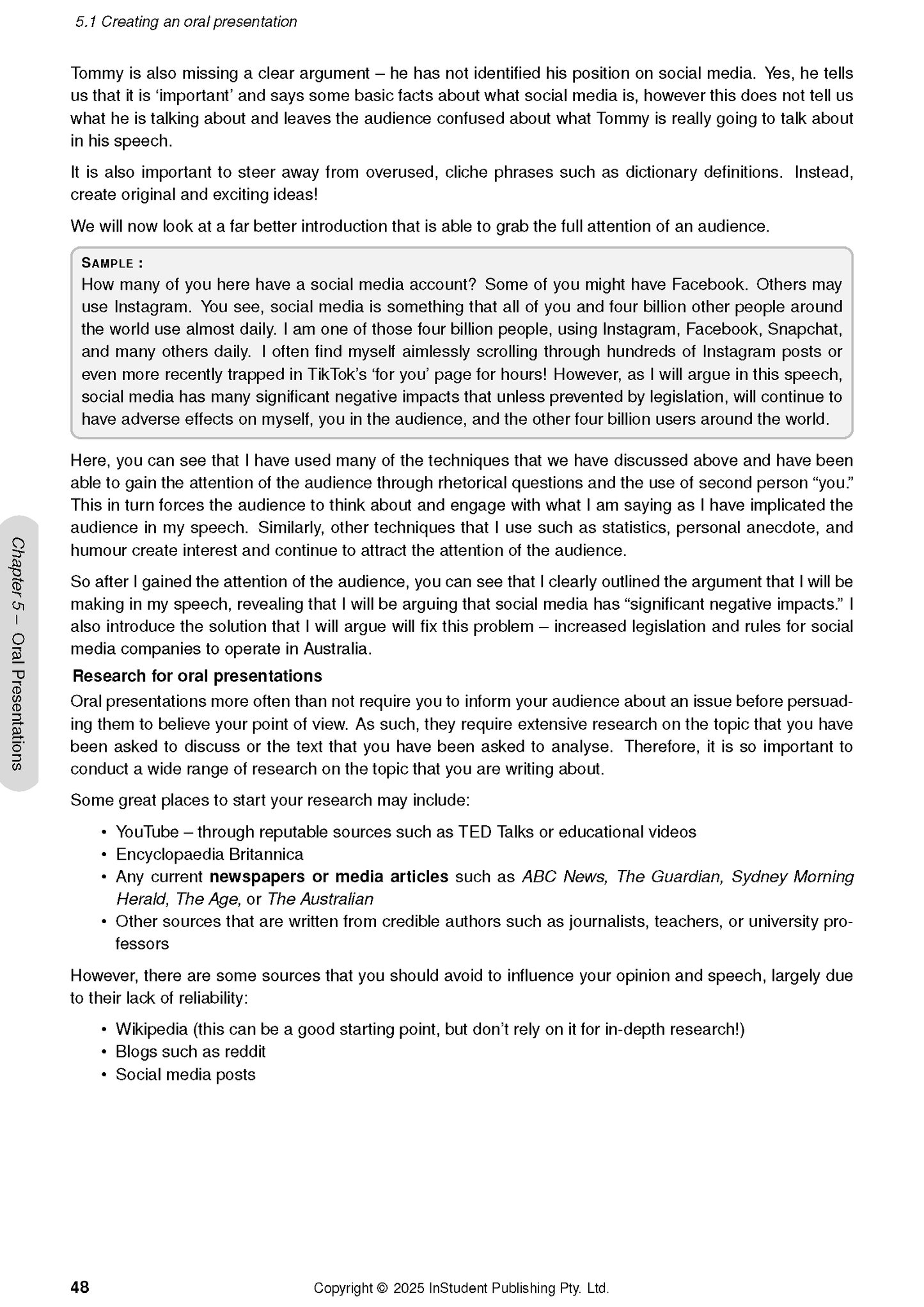 Year 7 English Course Notes page from ATAR Notes displaying text on oral presentations with a sample paragraph and sidebar.