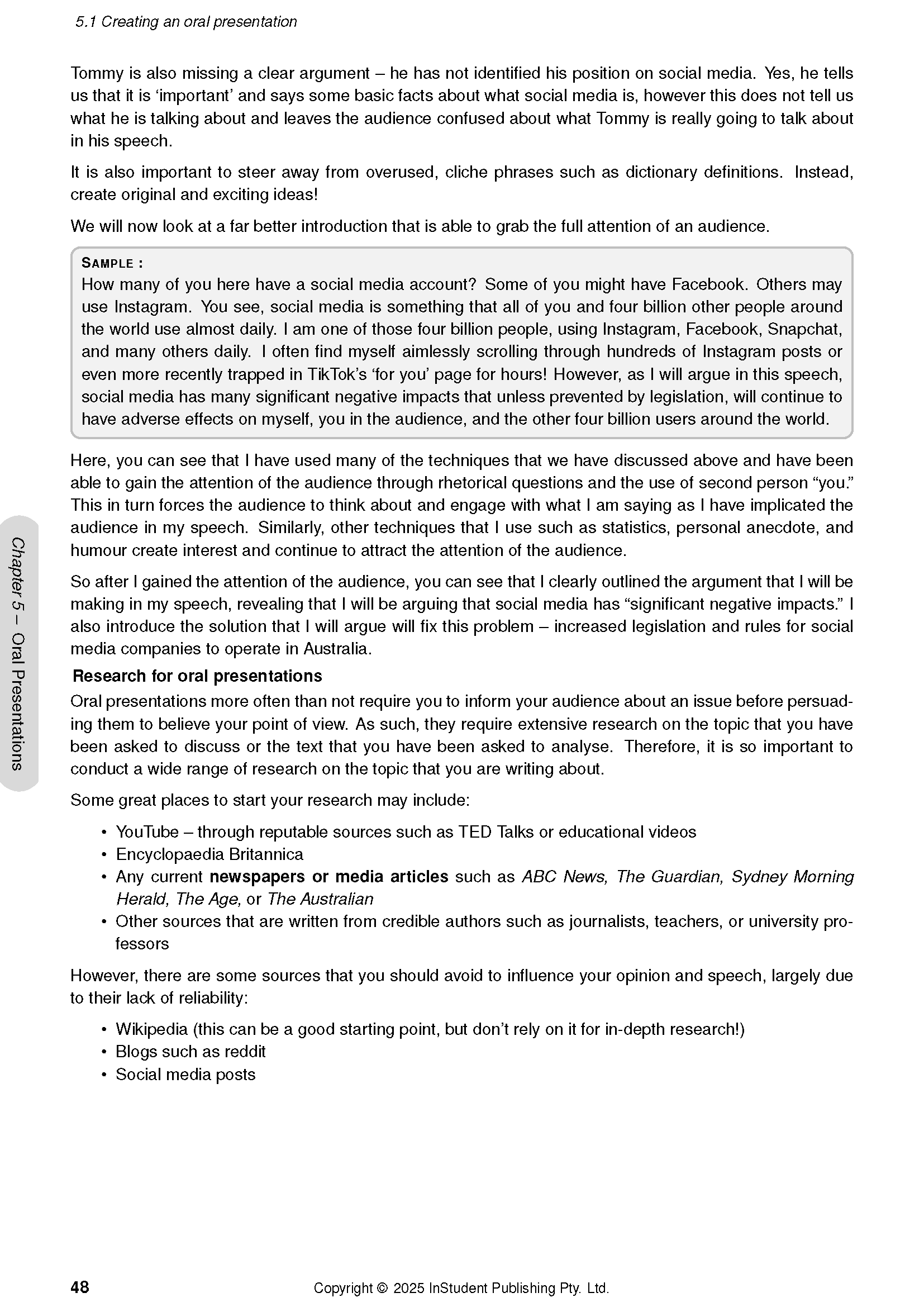 Year 7 English Course Notes page from ATAR Notes displaying text on oral presentations with a sample paragraph and sidebar.
