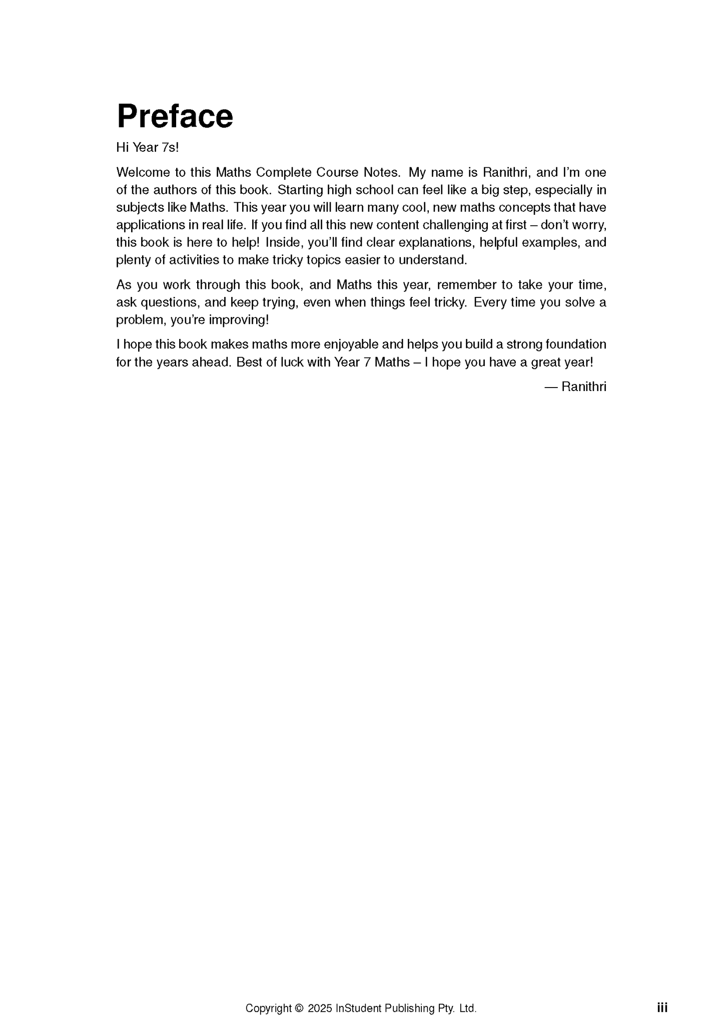 Year 7 Maths Complete Course Notes (2025-2027) by ATAR Notes, showing a preface page with bold black title and body text on a white background.