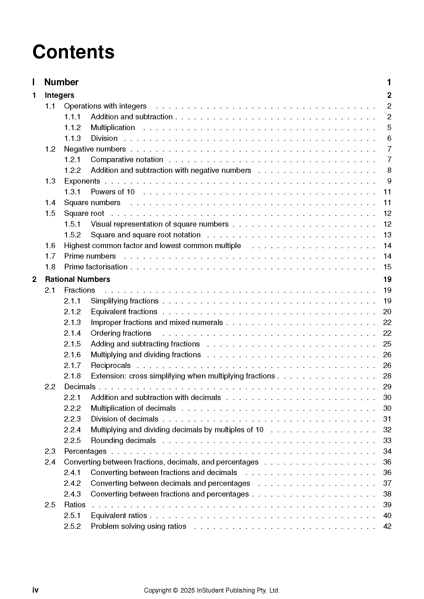 Year 7 Maths Complete Course Notes by ATAR Notes, displaying a table of contents with chapters and page numbers.
